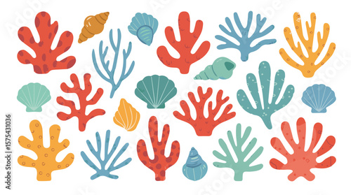 Coral reef ecosystem with colorful sea corals and seashell design creating an inviting ocean ambiance for coastal decoration, silhouette