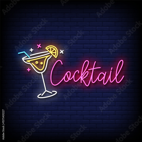 cocktail neon sign with brick wall background vector