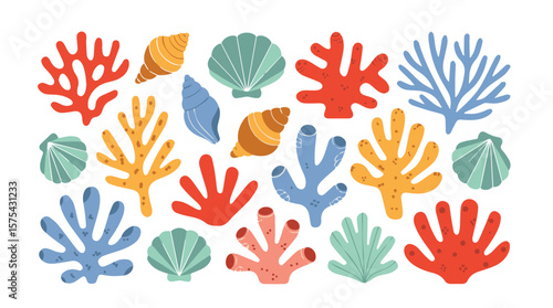 Marine life pattern showcases colorful coral and seashells on a crisp white backdrop, evoking a vibrant underwater scene, silhouette