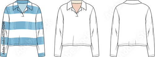 Flat vector illustration of cropped rugby polo shirts front and back, CAD technical drawing, fashion apparel template, stripe and plain