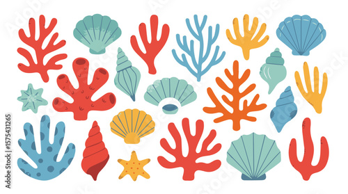 Colorful marine life illustration featuring shells, coral, and starfish in various shapes and sizes against a white background, silhouette