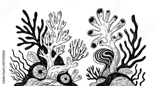 Beautiful line art illustration showcasing ocean sea life with coral reefs, plants, and aquatic elements on a white canvas, silhouette