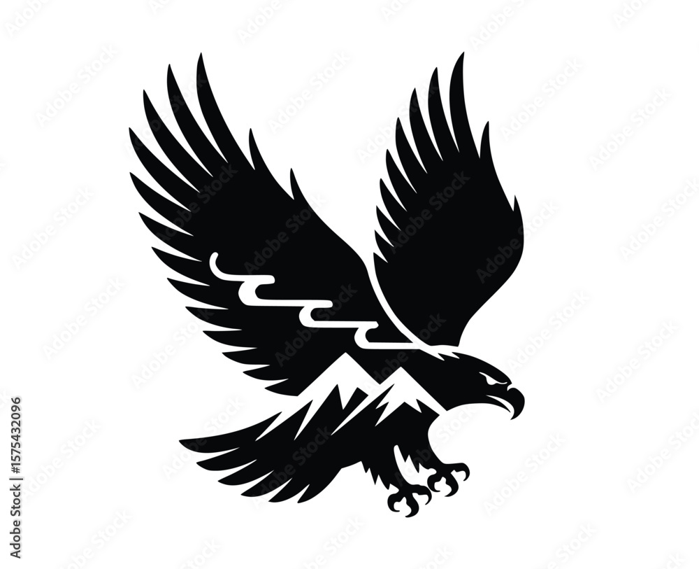 Obraz premium Majestic eagle soars with wings spread against mountains and clouds in a striking black silhouette on white.