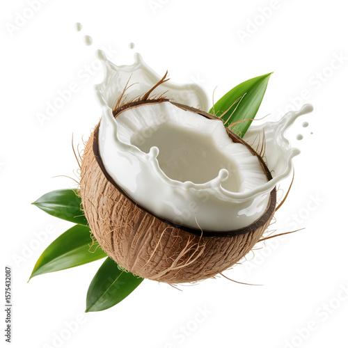 Fresh coconut halved with milk splash and green leaves isolated on transparent background