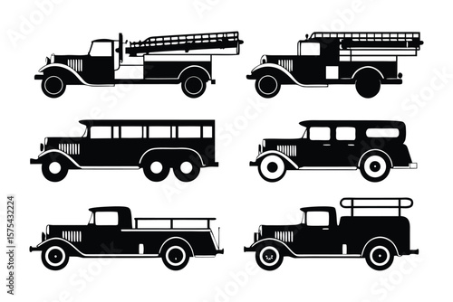 Vintage Vehicle Silhouette Collection: A monochromatic silhouette collection showcases a variety of classic vintage vehicles, embodying timeless elegance. Includes diverse forms. 