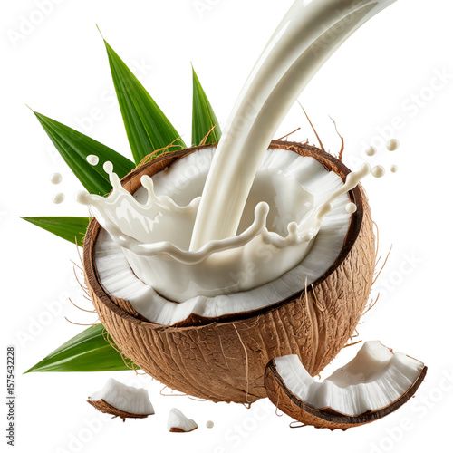 Fresh coconut milk pouring into halved coconut with splash and leaves isolated on transparent background