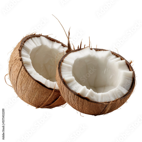 Freshly cracked coconut with white flesh and fibrous husk isolated on transparent background