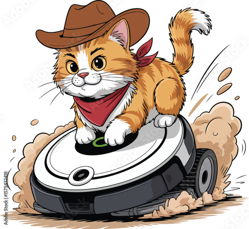 Dynamic Motion Cartoon Illustration Cat Robot Vacuum Cleaner Cowboy Hat