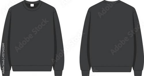 Black crewneck sweatshirt mockup front and back view, flat vector design, blank unisex apparel template, casual clothing layout for fashion, branding, print design