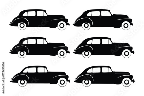 Vintage Car Silhouettes: A classic collection of vintage cars, depicted in sleek, stylized silhouettes, showcasing the timeless elegance and iconic design of automotive history. 
