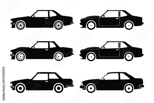 Classic Automobile Silhouette: A collection of six sleek black coupe cars, rendered in a clean silhouette style, perfect for design and automotive themes. 