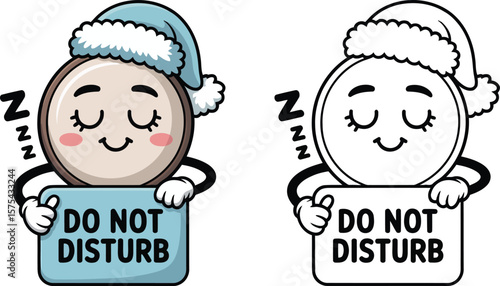 Cute sleeping pill cartoon character with do not disturb sign vector illustration design art