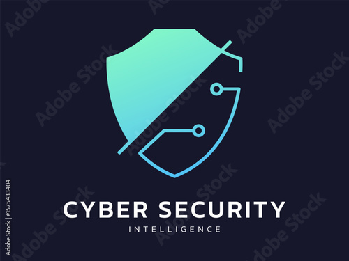 Cyber security intelligence protection shield with AI scanning technology vector logo design concept. Artificial intelligence shield logotype symbol for advance technology, identity, ui, new tech.