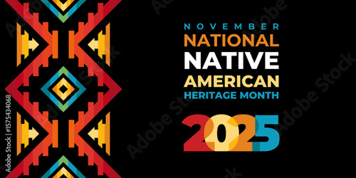 Native american heritage month 2025 greeting. Vector banner, poster, card, content for social media with text Native american heritage month, november. Black background with native tribal pattern.