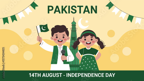 Celebrate pakistan independence day with kids vector illustration and minar e pakistan art