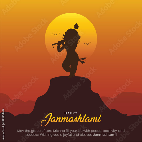 Happy Janmashtami Greeting Card and Social Media Post. Lord Krishna Birthday Celebration Vector Poster Illustration