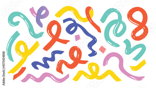Illustration of colorful brush stroke ribbons and shapes scattered on a white background design element