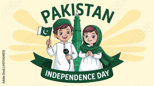 Pakistan independence day celebration illustration with kids and flag vector graphic design