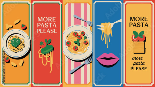 Delicious pasta dishes illustration for food lovers and restaurant promotion, colorful design art