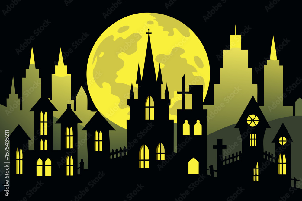 Fototapeta premium Spooky cityscape with haunted houses and a full moon creates a chilling backdrop for Halloween designs.