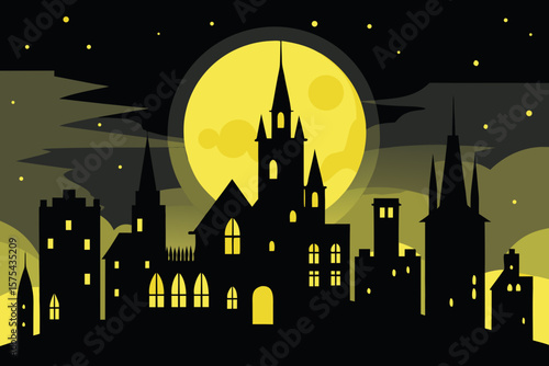 Spooky skyline design features silhouette buildings against a full moon, ideal for Halloween themed graphics or atmospheric cityscape projects.
