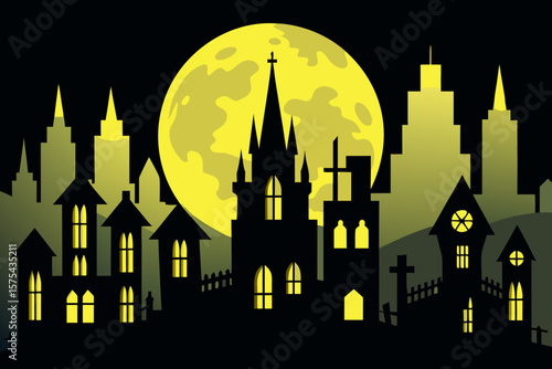 Spooky cityscape with haunted houses and a full moon creates a chilling backdrop for Halloween designs.