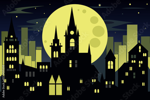 Spooky city night silhouette with dark buildings under a bright moon, perfect for Halloween themed designs or eerie graphic concepts.