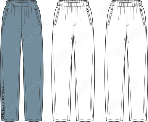 Men’s jogger pants front view, CAD flat vector illustration, zipper pocket design, elastic waistband casual trousers, technical fashion sketch, clothing template for apparel