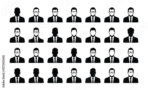 Business professional avatars, sleek and modern icons representing diverse individuals in suits, ideal for corporate design and web interfaces, silhouette
