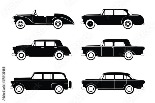 Classic Car Collection: A striking set of six classic cars elegantly rendered in silhouette against a background, perfect for adding a touch of vintage class to your design projects.