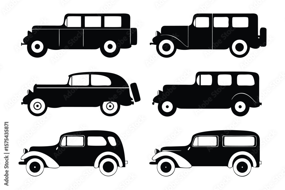 Obraz premium Classic Car Silhouette Collection: A collection of elegantly designed classic cars, meticulously rendered in a striking silhouette style, evoking a sense of timeless style and vehicular history.