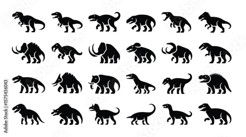 This stark presentation of prehistoric creatures showcases a collection of dinosaurs and mammals rendered in silhouette, perfect for education.