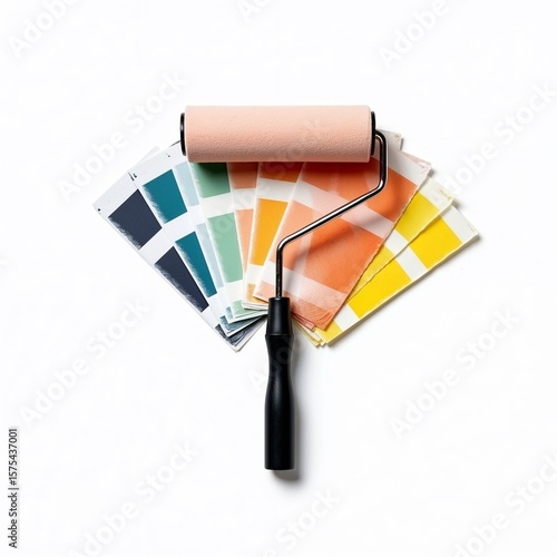  A painter's kit - a paint roller lies on a stack of samplers with paint samples of different colors, laid out in a fan.
