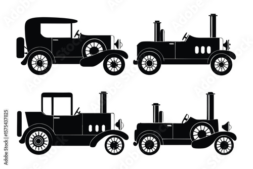 Vintage Car Silhouette Collection: A set of meticulously crafted black silhouettes showcases classic vintage cars, reminiscent of an earlier era, representing the elegance and design of a bygone age.