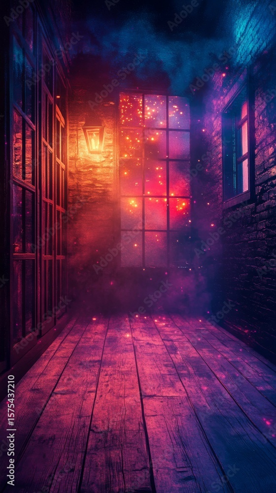 Naklejka premium Illuminated Alleyway with Glowing Windows and Wooden Floor