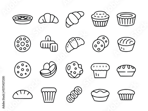 Delicious bakery icons showcase an array of treats including croissants, muffins, cookies, tarts and pastries in a simple outline style, silhouette