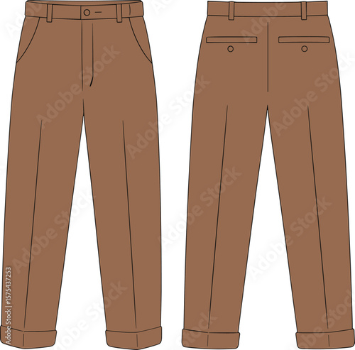 CAD drawing flat vector illustration of men’s tailored cuffed trousers, front and back view, formal dress pants fashion sketch, apparel technical design