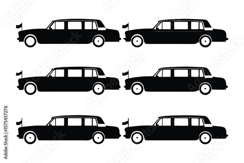 Luxury Limousine Silhouette Set: A sophisticated collection of black limousine silhouettes, each symbolizing elegance, prestige, and VIP transport.