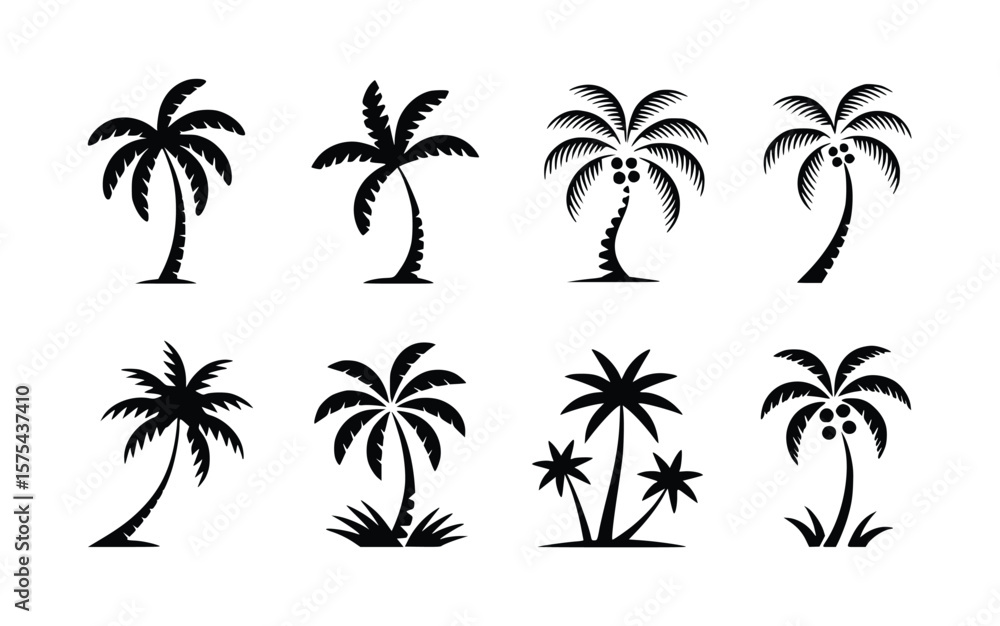 Silhouette collection displaying various tropical palm trees against a white background showcasing iconic summer designs. Silhouette collection displaying various tropical palm trees against a white background showcasing iconic summer designs.