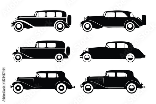 Classic Car Collection: A sophisticated collection of elegant black classic cars, each a symbol of vintage automotive design and style, presented in a clean, simple outline.