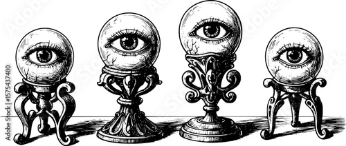 crystal ball, eye in the crystal ball, mystical, occult, black and white, woodcut, engraving, dark magic, supernatural, spiritual, esoteric, divination, fortune telling, mystery, intrigue, ethereal

