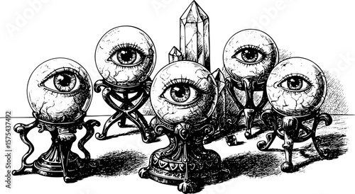 crystal ball, eye in the crystal ball, mystical, occult, black and white, woodcut, engraving, dark magic, supernatural, spiritual, esoteric, divination, fortune telling, mystery, intrigue, ethereal

