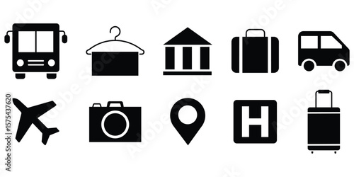 Travel and tourism icon set in line style. Tourism related icons tourist transport, caravan, location, plane, hotel, photo more. Outdoor activity concept. Solid icon collection. Vector illustration.