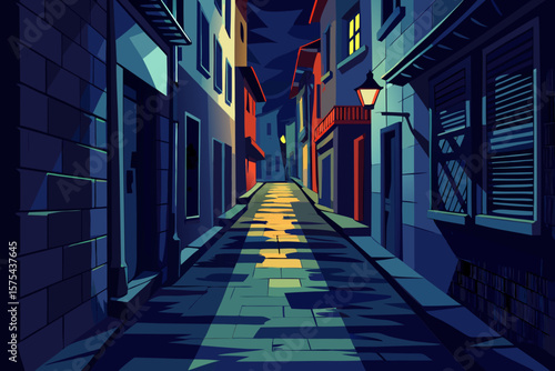 Charming evening alley graphic with illuminated buildings and cobblestone street presents an elegant scene for diverse creative projects.