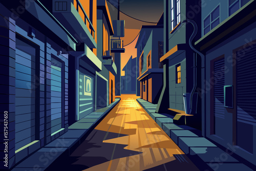 City street backdrop for design, showing a charming alley with buildings and warm golden light perfect for urban themes.