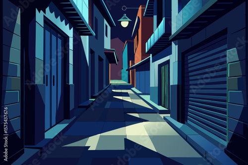 Depicts a quiet city alleyway at night, showcasing building facades and street illumination ideal for urban design or background art.