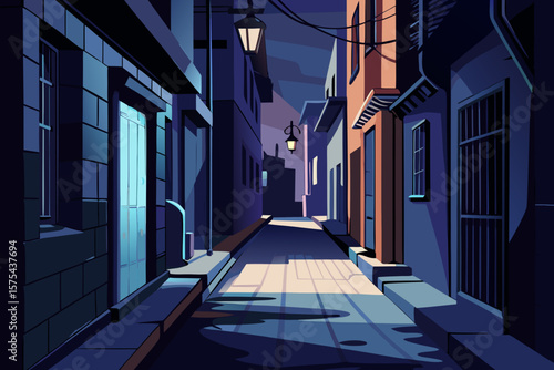 Serene cityscape depiction showcasing a nighttime alleyway with buildings, street lamps, and interesting lighting, perfect for architectural designs.