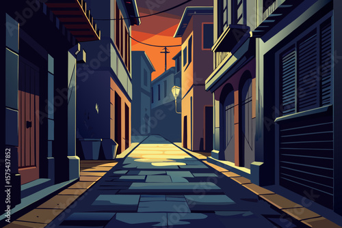 Winding cobblestone street at sunset with old buildings, ideal for travel themes and urban scenery, perfect for graphic design projects.