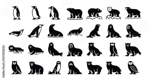 Collection of detailed black and white vector icons featuring arctic animals, including penguins, seals, polar bears, walruses, and owls, silhouette