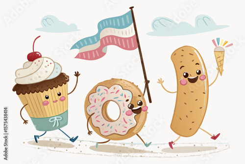 Superb Bakery Character Parade Donut Muffin Eclair - Cozy and Intimate Visual Story Perfect for Corp